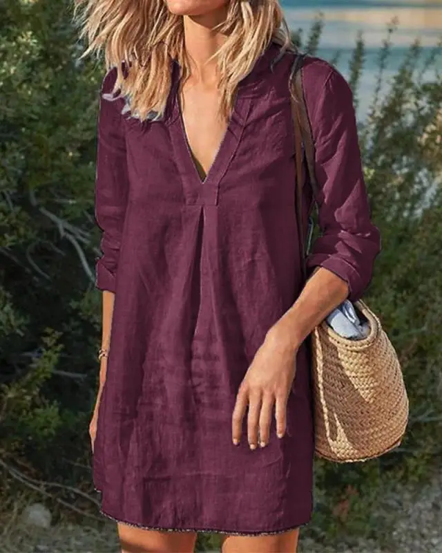 Women V-Neck Long Sleeve Dress Maroon 2024 — feature 4