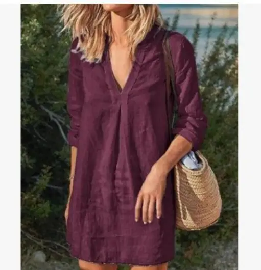 Women V-Neck Long Sleeve Dress Maroon 2024 - Image 2