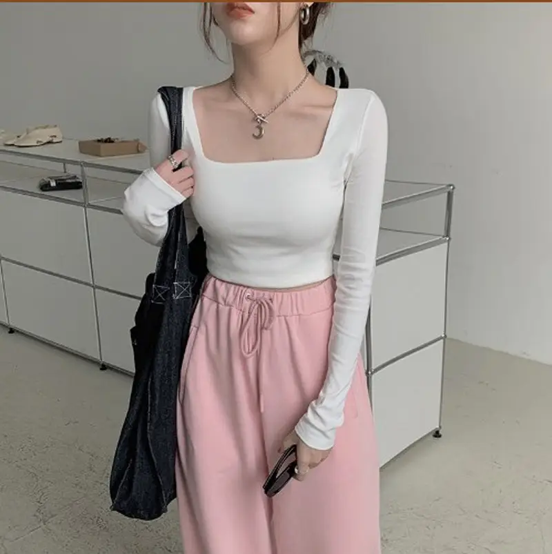 Women's Long Sleeve Square Collar Top with Pink Pants - Image 4