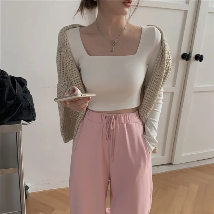 Women's Long Sleeve Square Collar Top with Pink Pants — feature 17