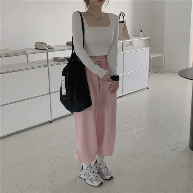 Women's Long Sleeve Square Collar Top with Pink Pants — feature 23