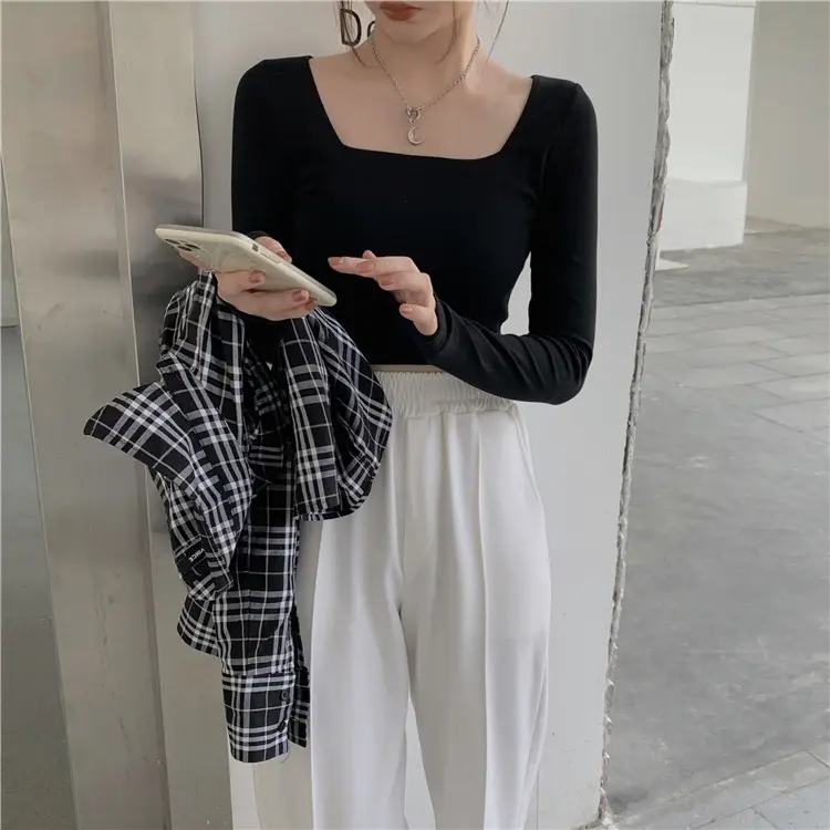 Women's Long Sleeve Square Collar Top with Pink Pants — feature 5