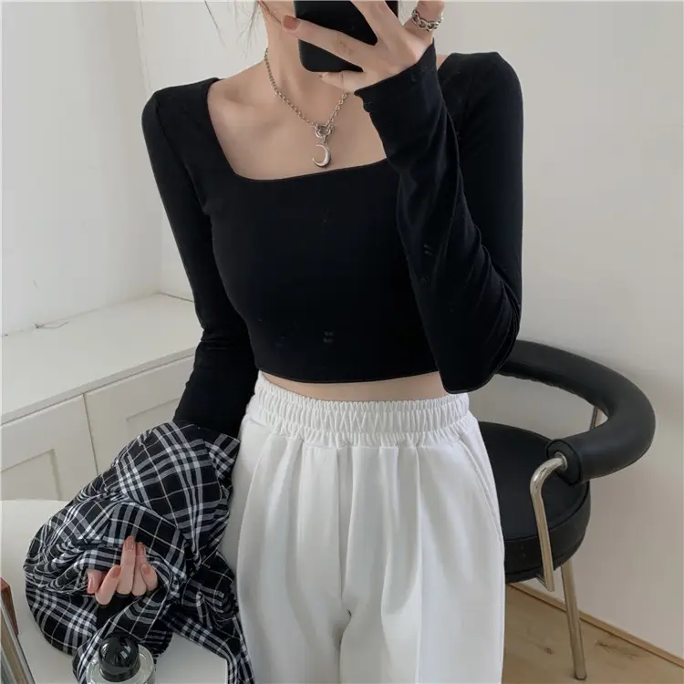 Women's Long Sleeve Square Collar Top with Pink Pants — feature 7