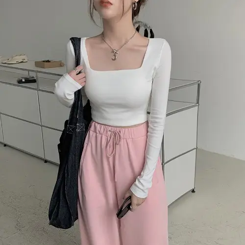 Women's Long Sleeve Square Collar Top with Pink Pants - Image 3