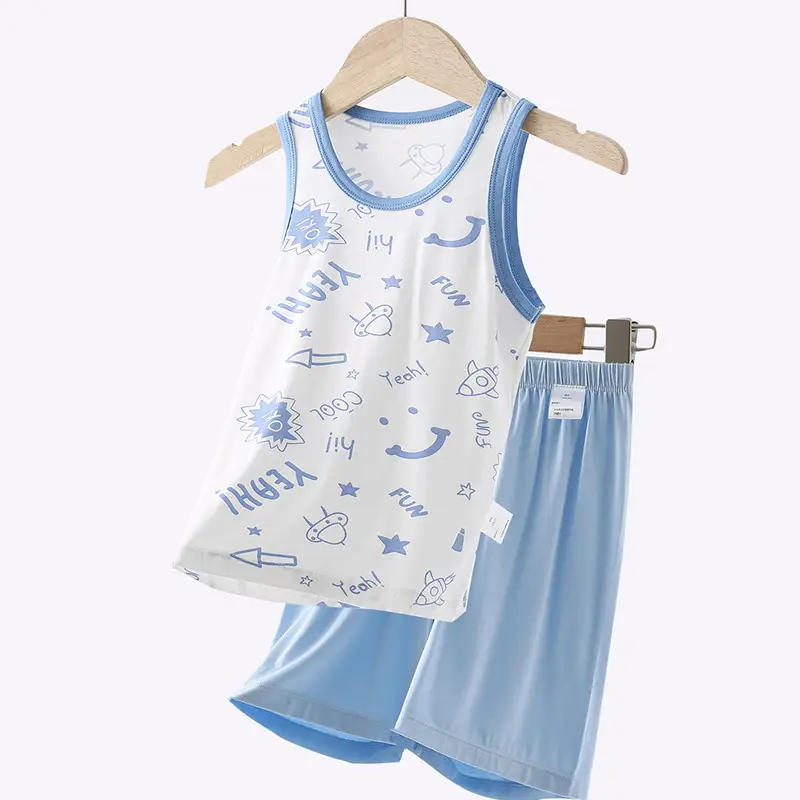 Kids Summer Vest Set Blue Light Modal Cotton - Image 2