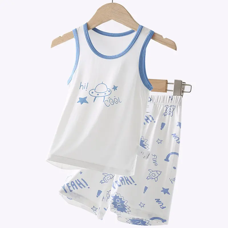 Kids Summer Vest Set Blue Light Modal Cotton - Image 4
