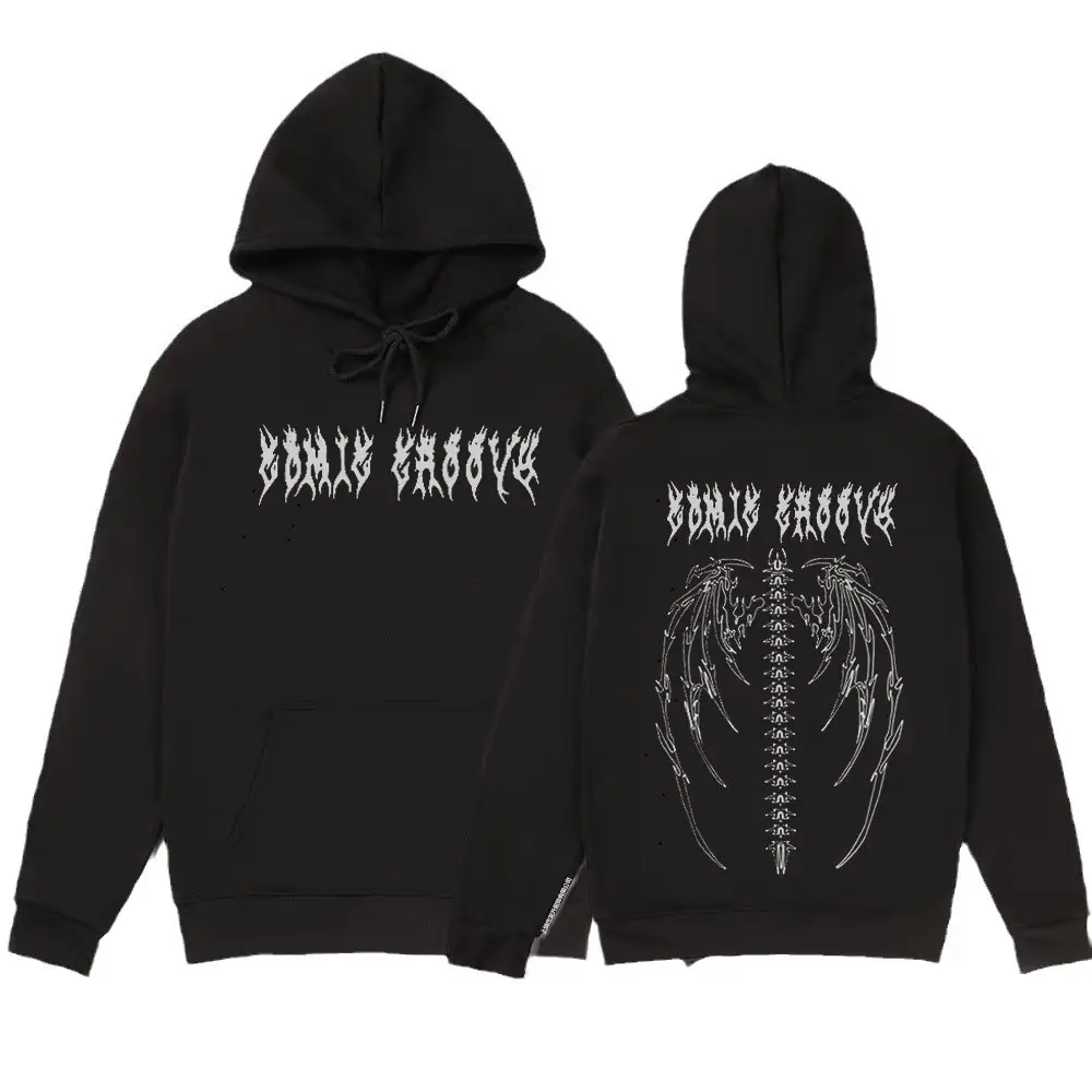 Black Fleece Hoodie with Retro Flame & Skull Design for Men Women