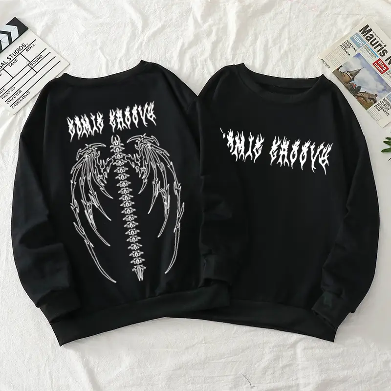Black Fleece Hoodie with Retro Flame & Skull Design for Men Women
