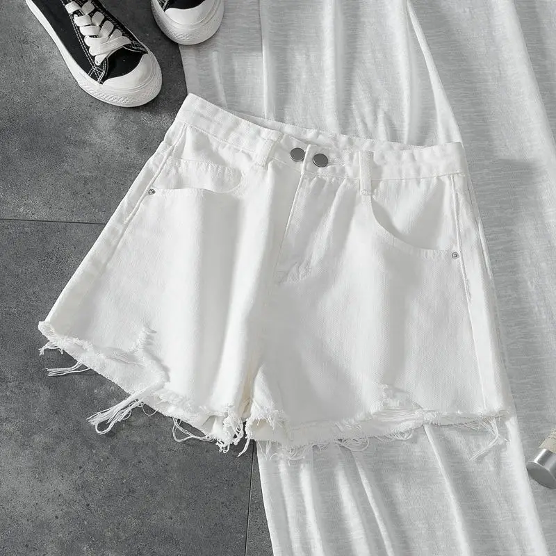 Women Denim Shorts White High Waist Ripped Wide Leg - Image 22