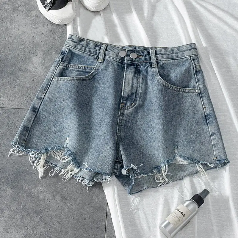 Women Denim Shorts White High Waist Ripped Wide Leg - Image 23