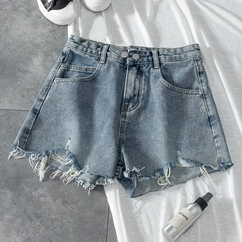 Women Denim Shorts White High Waist Ripped Wide Leg - Image 12