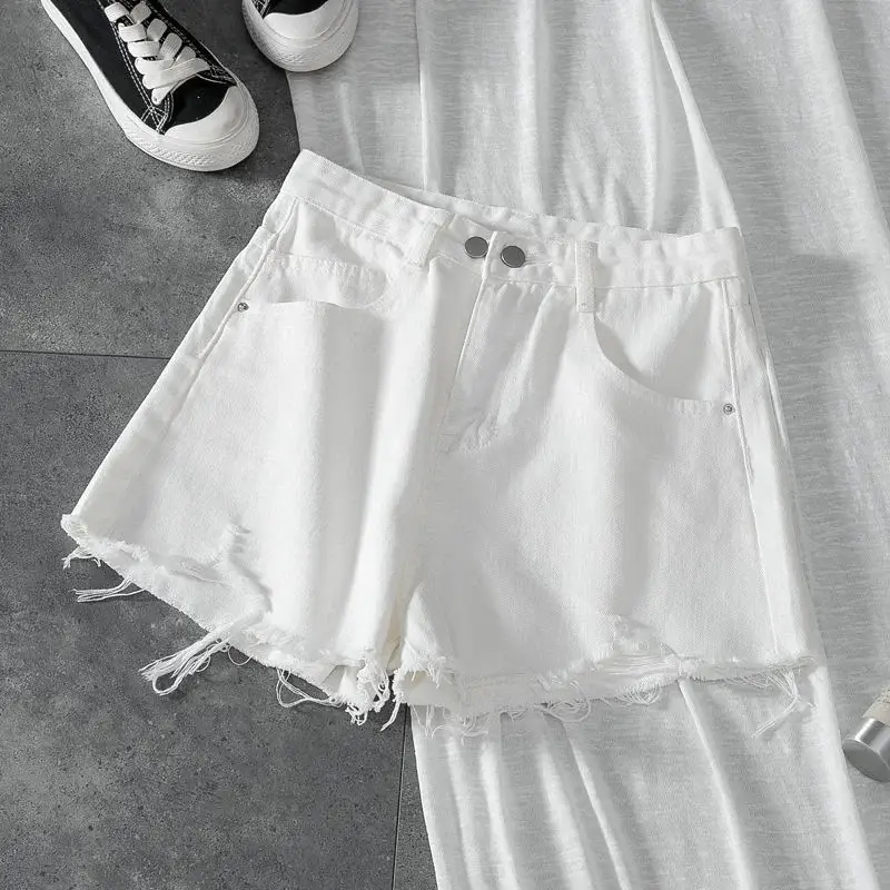 Women Denim Shorts White High Waist Ripped Wide Leg - Image 5