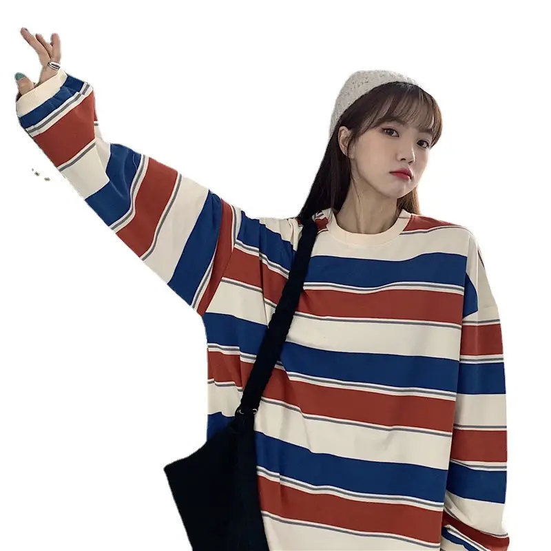 Women Striped Sweatshirt Blue White Long Sleeve 2022 - Image 7