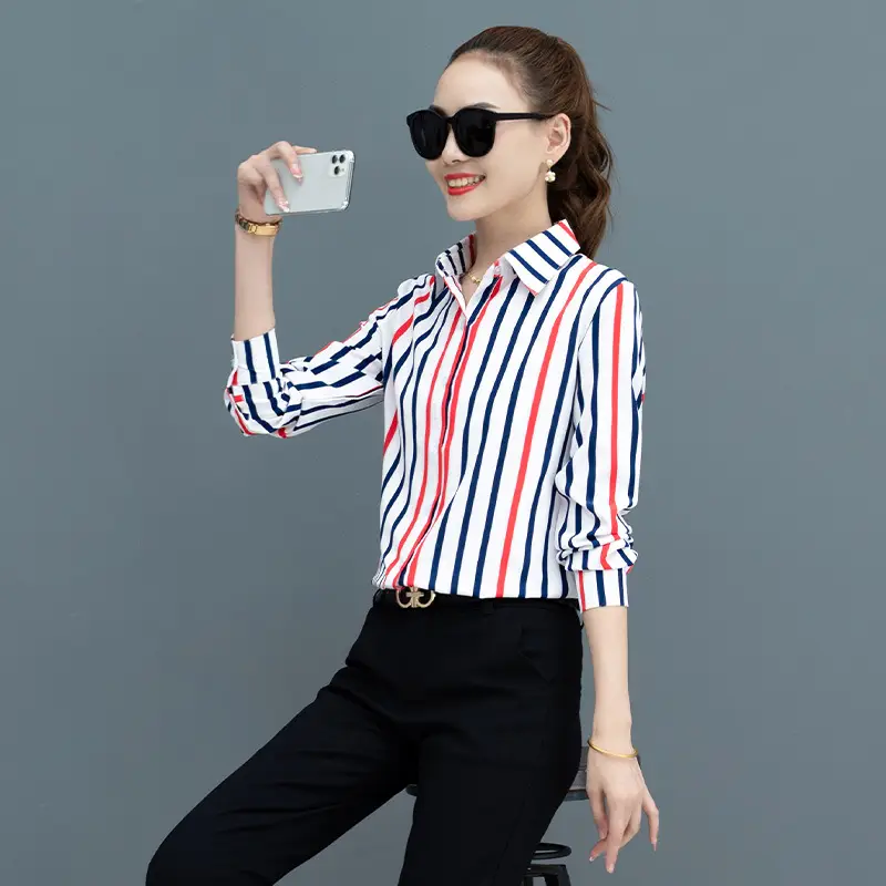 Women Striped Long Sleeve Lapel Blouse Black White