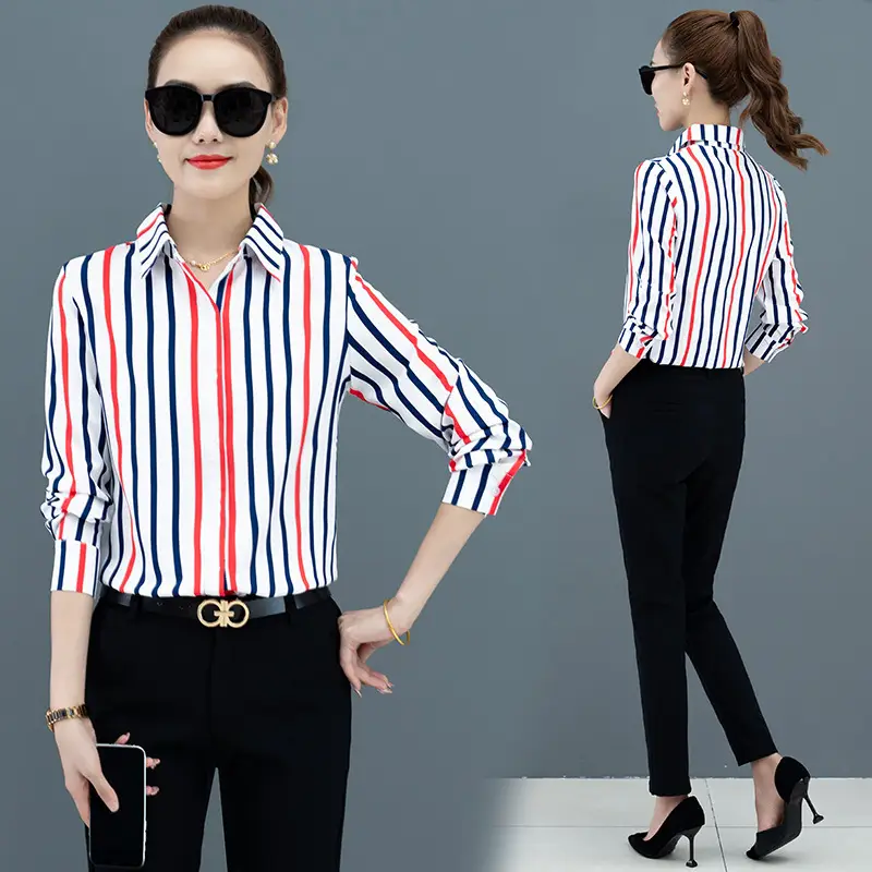 Women Striped Long Sleeve Lapel Blouse Black White