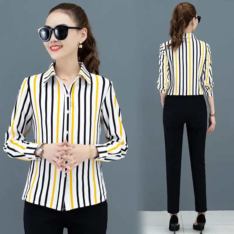 Women Striped Long Sleeve Lapel Blouse Black White