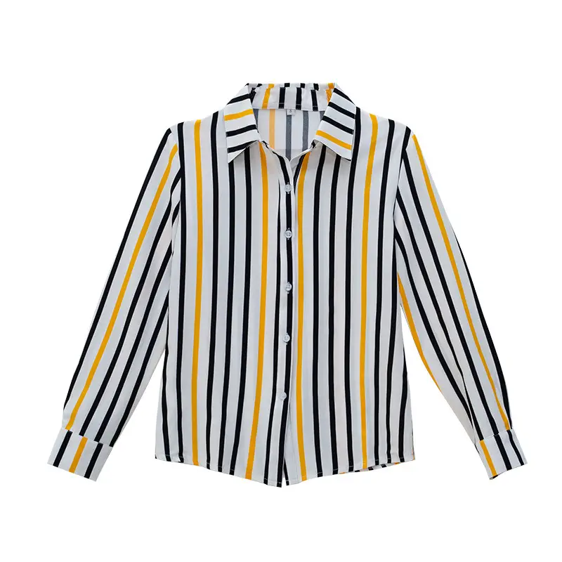 Women Striped Long Sleeve Lapel Blouse Black White