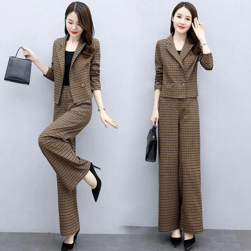 Korean Style Plaid Wide Leg Pants 2-Piece Suit for Women