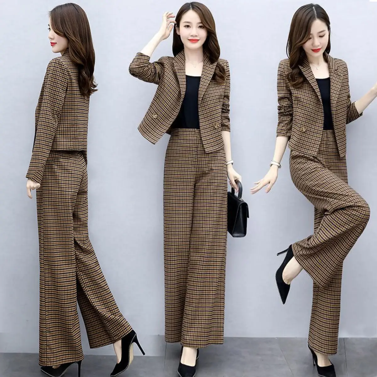 Korean Style Plaid Wide Leg Pants 2-Piece Suit for Women