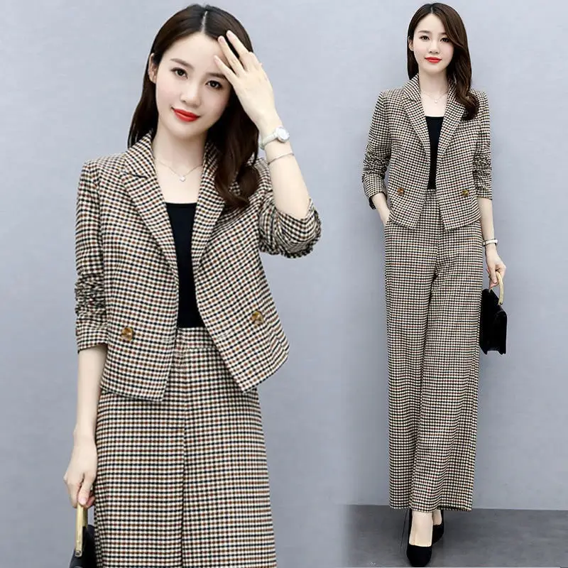 Korean Style Plaid Wide Leg Pants 2-Piece Suit for Women