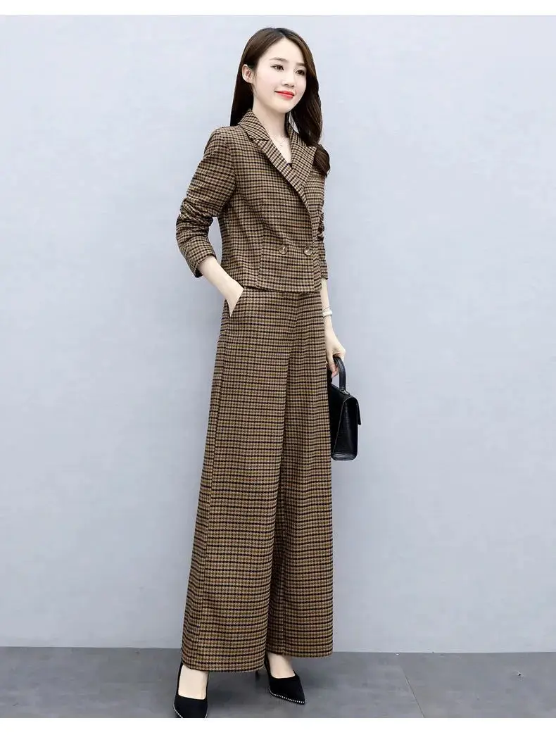 Korean Style Plaid Wide Leg Pants 2-Piece Suit for Women — feature 10