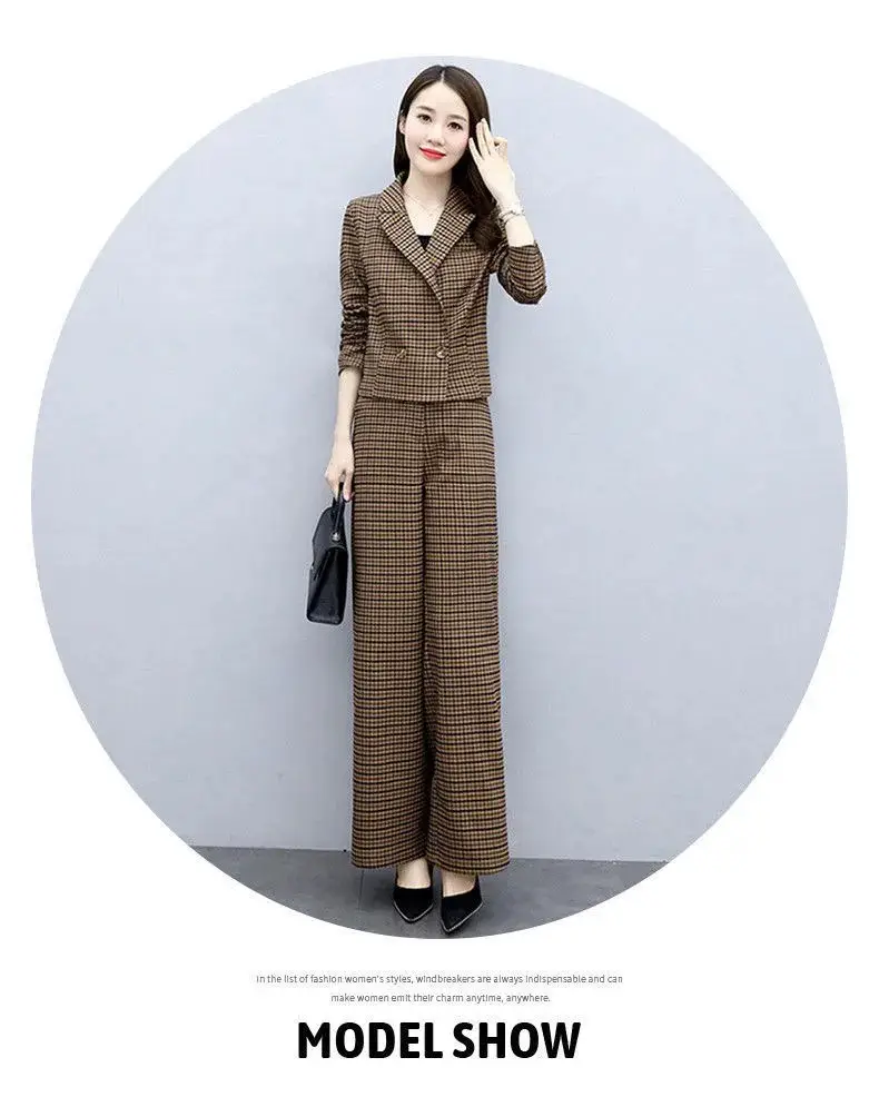 Korean Style Plaid Wide Leg Pants 2-Piece Suit for Women — feature 12