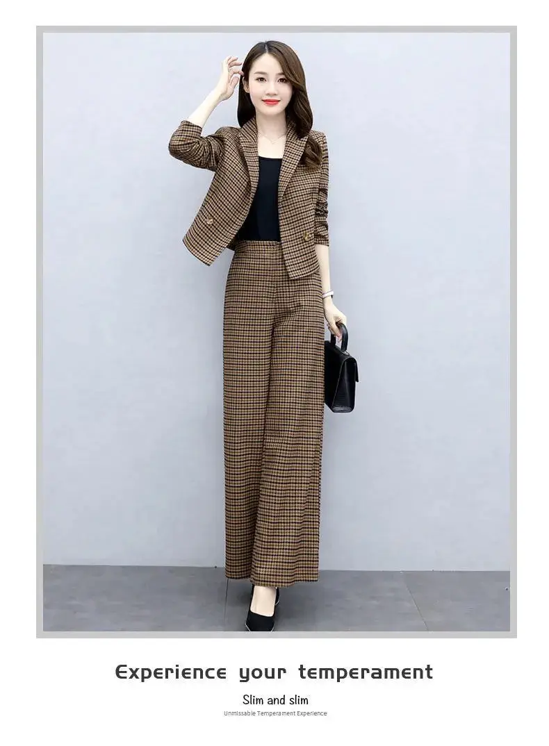 Korean Style Plaid Wide Leg Pants 2-Piece Suit for Women — feature 13