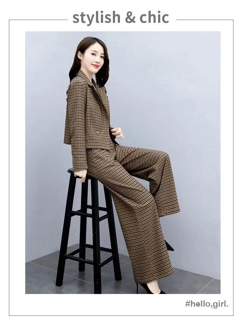 Korean Style Plaid Wide Leg Pants 2-Piece Suit for Women — feature 14