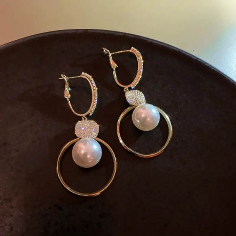 Women's Pearl Circle Pearl Drop Earrings Gold Plated - Image 5