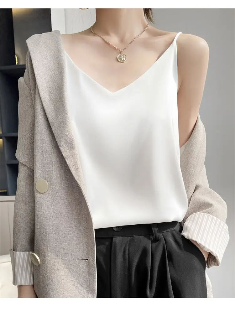 White V-Neck Acetate Camisole for Women Slim Fit — feature 16