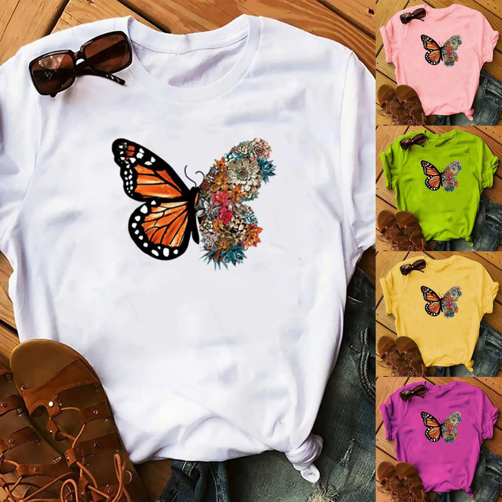 Women Purple Butterfly Print T-Shirt with Floral Design