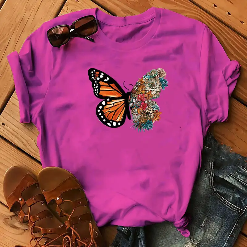 Women Purple Butterfly Print T-Shirt with Floral Design