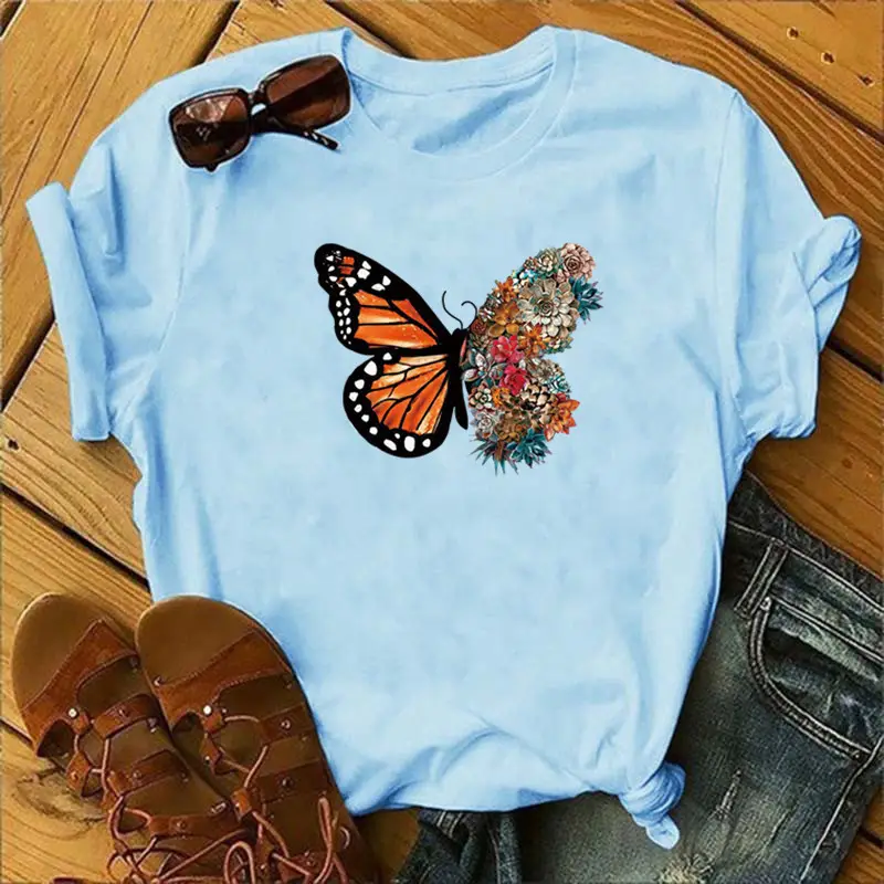 Women Purple Butterfly Print T-Shirt with Floral Design