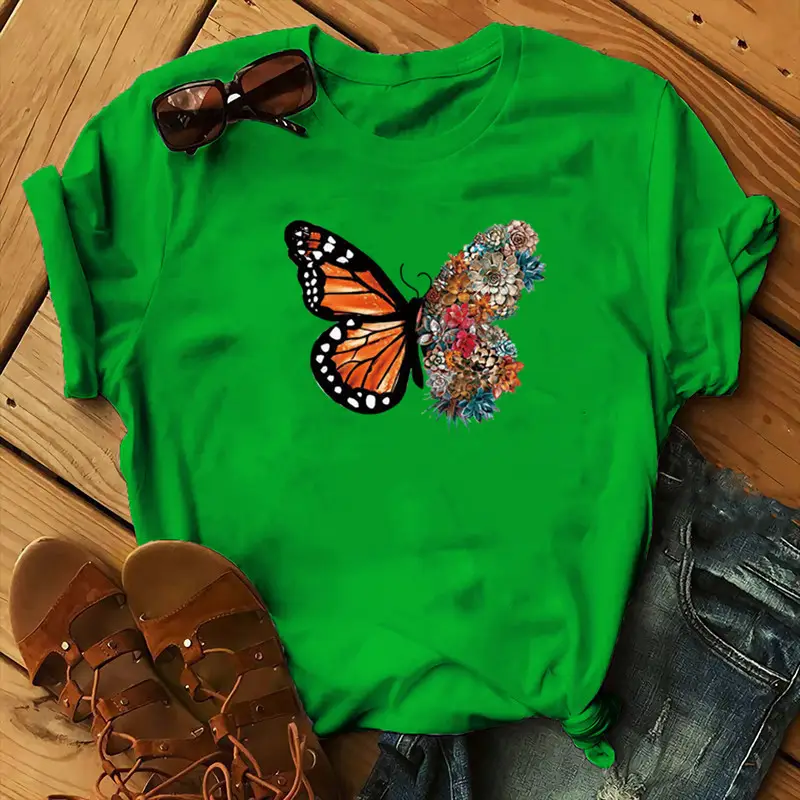 Women Purple Butterfly Print T-Shirt with Floral Design