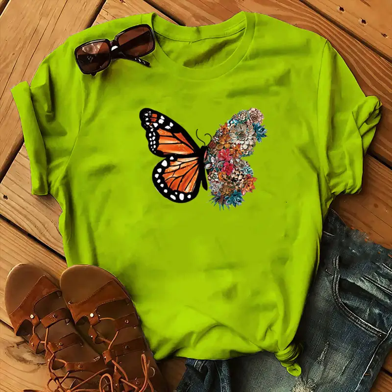 Women Purple Butterfly Print T-Shirt with Floral Design
