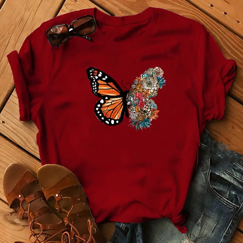 Women Purple Butterfly Print T-Shirt with Floral Design