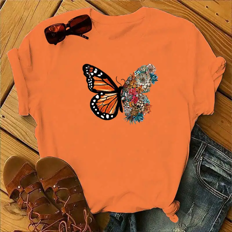 Women Purple Butterfly Print T-Shirt with Floral Design