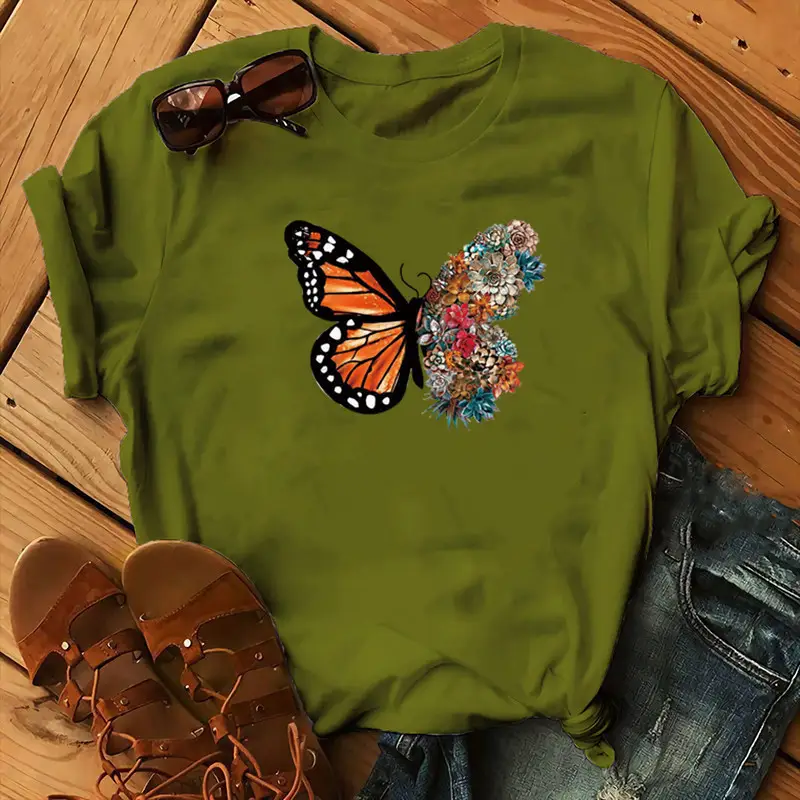Women Purple Butterfly Print T-Shirt with Floral Design