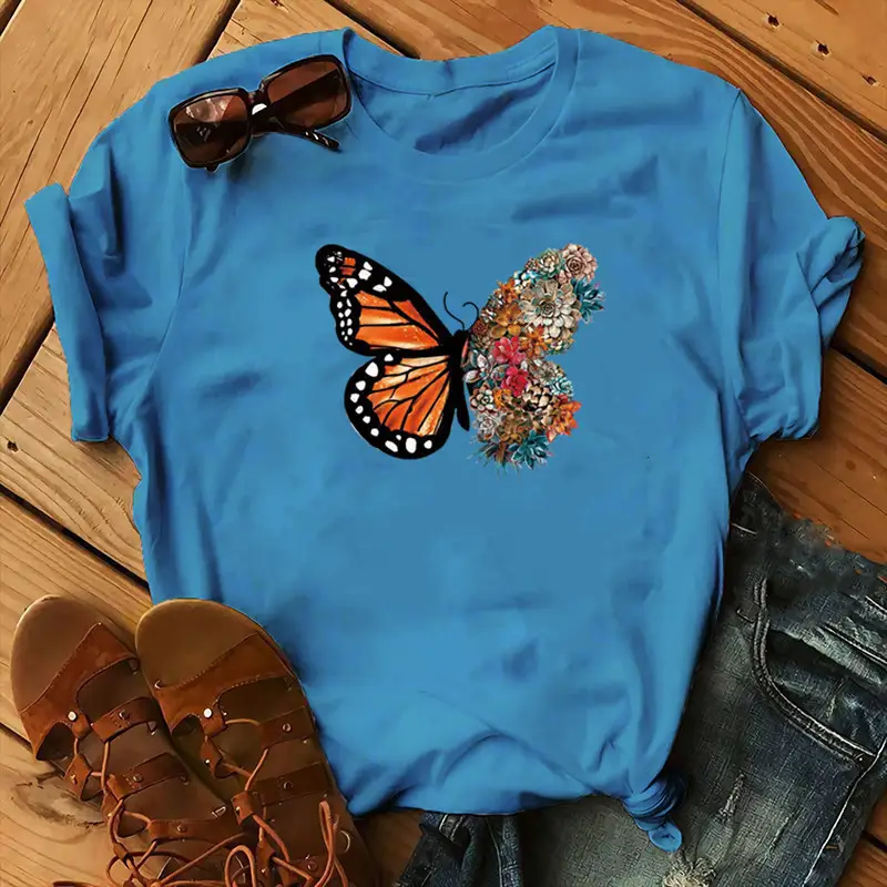 Women Purple Butterfly Print T-Shirt with Floral Design