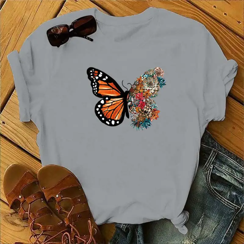 Women Purple Butterfly Print T-Shirt with Floral Design