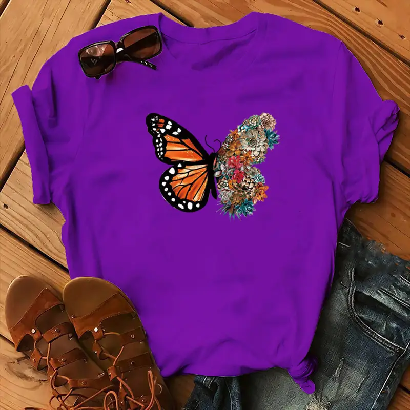 Women Purple Butterfly Print T-Shirt with Floral Design