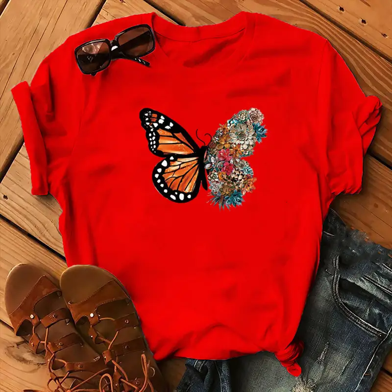 Women Purple Butterfly Print T-Shirt with Floral Design