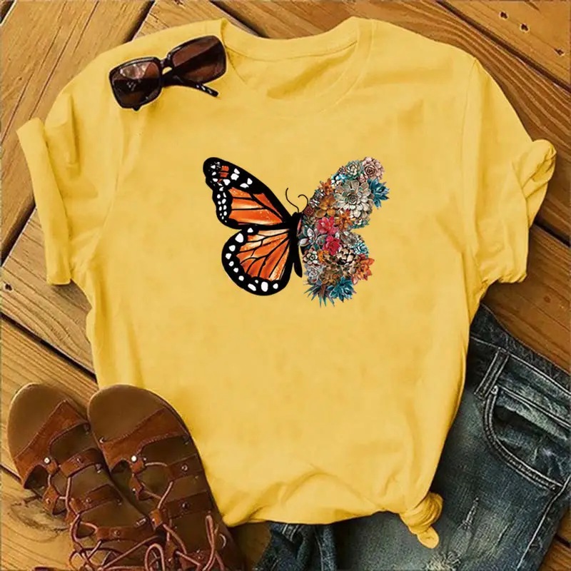 Women Purple Butterfly Print T-Shirt with Floral Design