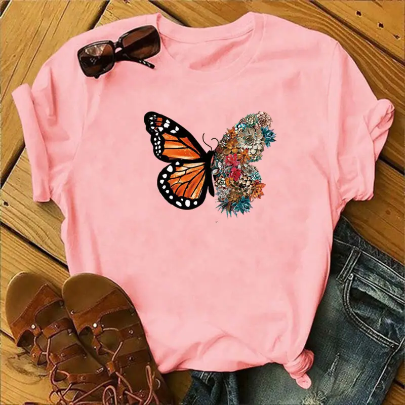 Women Purple Butterfly Print T-Shirt with Floral Design