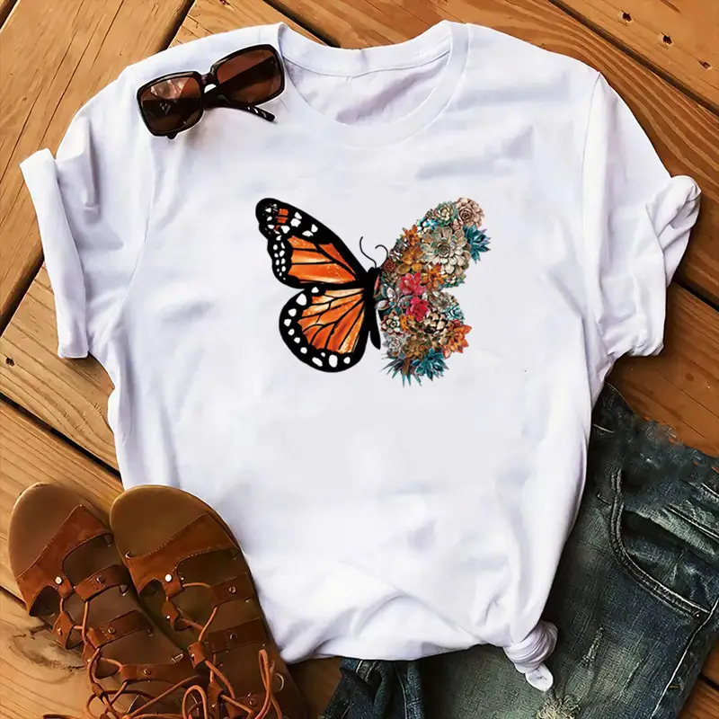 Women Purple Butterfly Print T-Shirt with Floral Design
