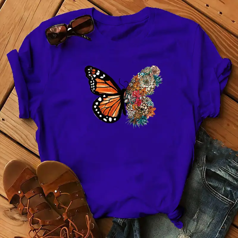 Women Purple Butterfly Print T-Shirt with Floral Design