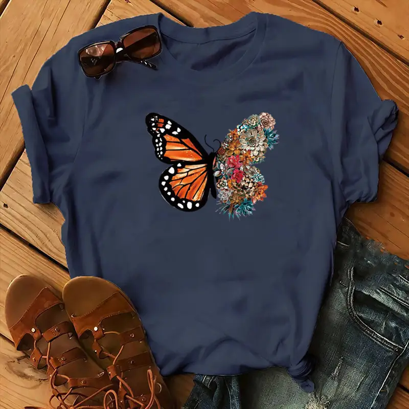 Women Purple Butterfly Print T-Shirt with Floral Design