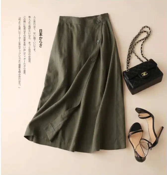 Women's 100% Pure亚麻 Mid-Length Skirt Brown - Image 5