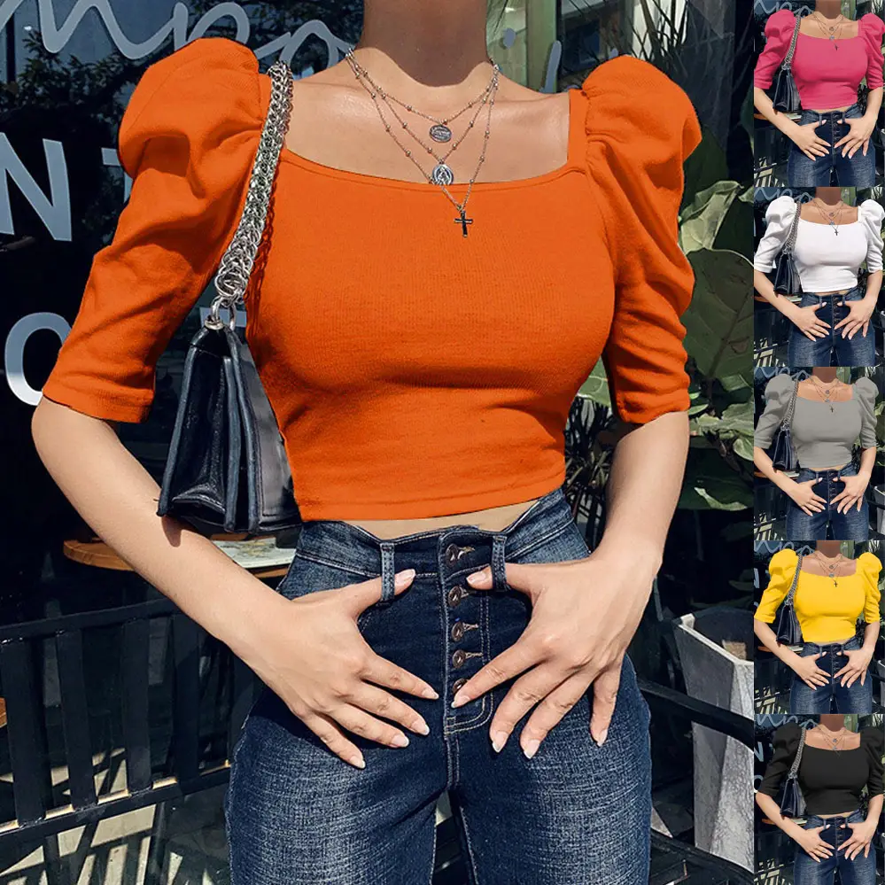 Women White Square Collar Puff Sleeve Top with Blue Jeans - Image 8
