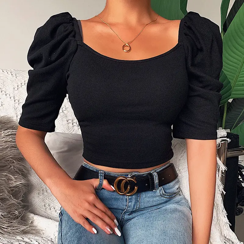 Women White Square Collar Puff Sleeve Top with Blue Jeans - Image 10